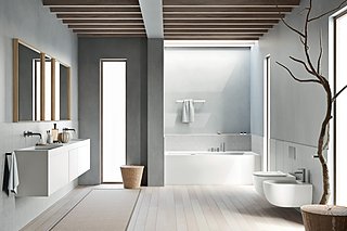 Helles Badezimmer mit weißem Waschtisch, Badewanne und einem dekorativen Ast.