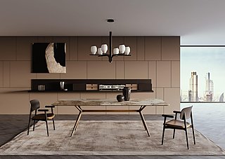 Ein moderner Essbereich mit Steintisch und Blick auf eine Skyline.