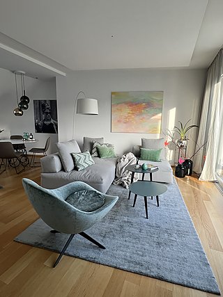 Wohnzimmer mit grauem Sofa, grünem Sessel, blauem Teppich und pastellfarbenem Gemälde.