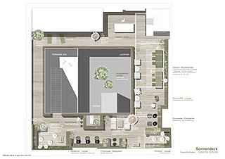 Grundrissplan der Dachterrasse mit Sonnendeck, Lounge und Begrünung.