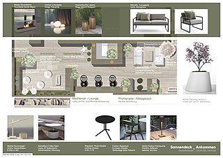 Moodboard mit Möbelauswahl, Pflanzgefäßen und Materialien für Lounge und Mittagstisch.