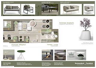 Moodboard mit Möbeln für draußen, Feuerstelle und Sonnenschirm für das Sonnendeck.