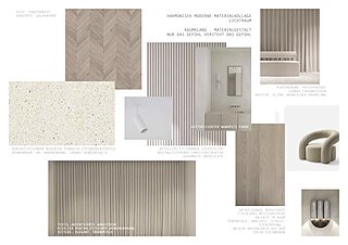 Moodboard mit Materialmustern: Holzparkett, Terrazzo, Leinen, Messing und Polsterstoff.