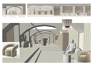 Visualisierung des Foyers mit Gewölbebögen, Lounge-Sesseln und Steinsteelen mit Büsten.