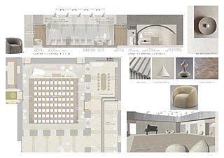 Konzeptcollage mit Grundriss, Raumansichten, Materialmustern und Möbeldetails.