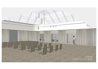 Visualisierung der Lichthalle mit Glasoberlichtdach, Stuhlreihen und Vorhängen.