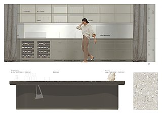 Einrichtungsplan der Küchenzeile mit Materialmustern und Frontalansicht.