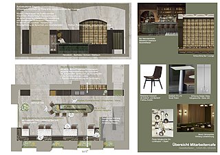 Konzeptübersicht des Mitarbeitercafés mit Grundriss, Ansichten und Materialauswahl.